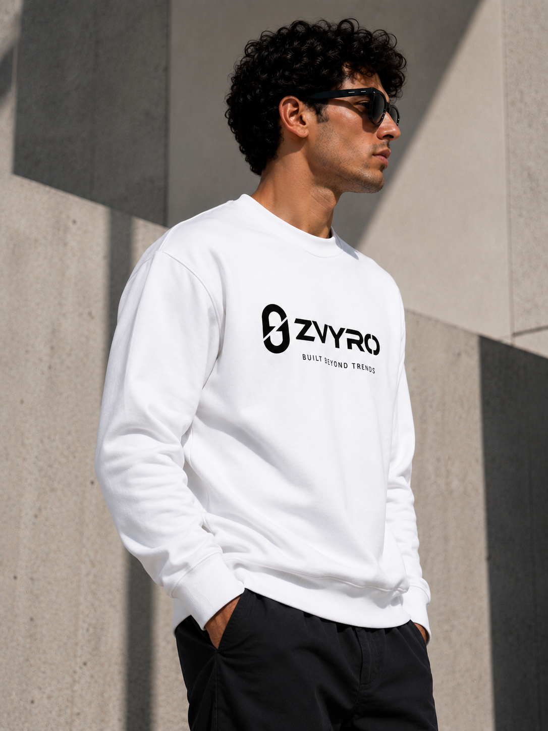 ZVYRO Men's White Sweatshirt Side View – Bio-Silicon Washed 320 GSM Cotton Fleece